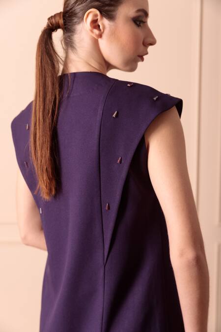 Orcr_Blue Modal Embroidery Open Neck Glass Beaded Hand Jacket Pant Set _Online_at_Aza_Fashions