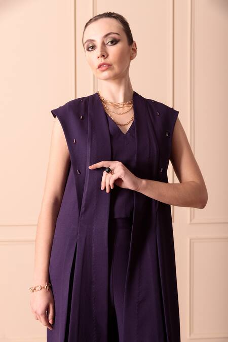 Shop_Orcr_Blue Modal Embroidery Open Neck Glass Beaded Hand Jacket Pant Set _Online_at_Aza_Fashions