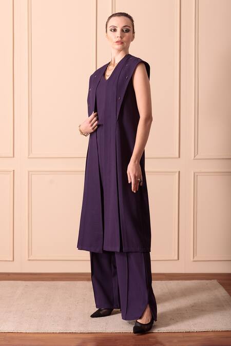 Orcr_Blue Modal Embroidery Open Neck Glass Beaded Hand Jacket Pant Set _at_Aza_Fashions