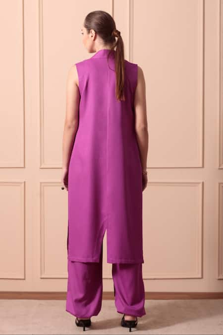 Shop_Orcr_Purple Modal Beads Open Neck Glass Embroidered Jacket Pant Set _at_Aza_Fashions