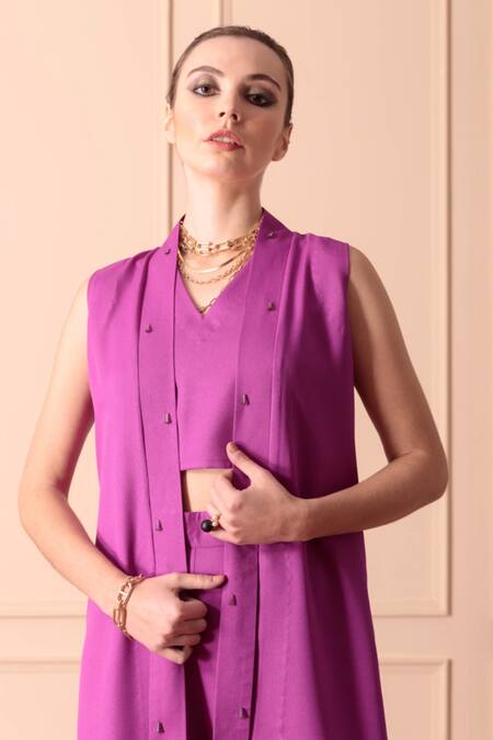 Buy_Orcr_Purple Modal Beads Open Neck Glass Embroidered Jacket Pant Set _Online_at_Aza_Fashions