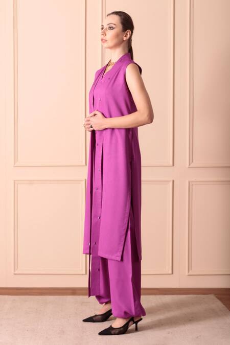 Shop_Orcr_Purple Modal Beads Open Neck Glass Embroidered Jacket Pant Set _Online_at_Aza_Fashions