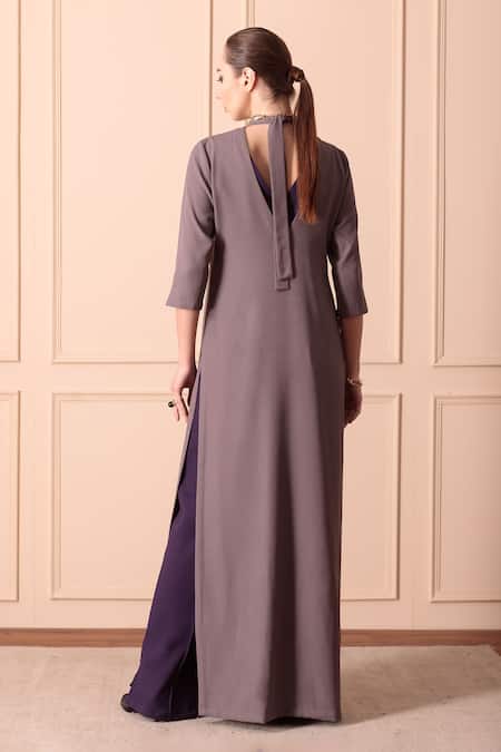 Shop_Orcr_Grey Modal Beads High Neck Glass Embroidered Jacket Pant Set _at_Aza_Fashions