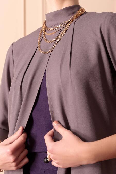 Orcr_Grey Modal Beads High Neck Glass Embroidered Jacket Pant Set _Online_at_Aza_Fashions