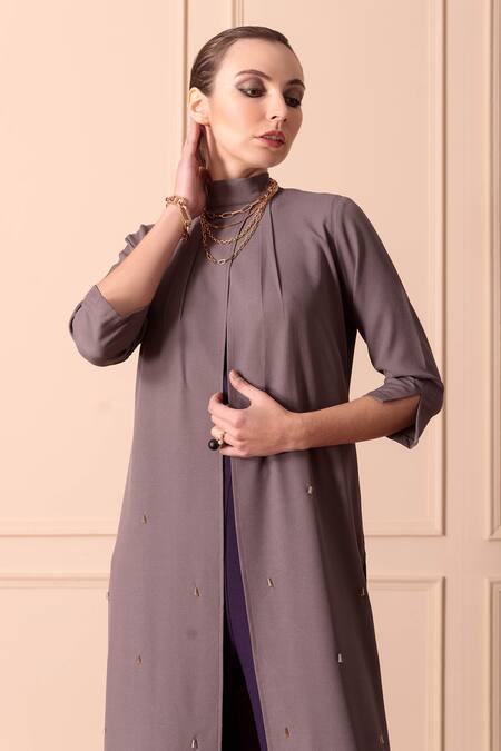 Shop_Orcr_Grey Modal Beads High Neck Glass Embroidered Jacket Pant Set _Online_at_Aza_Fashions