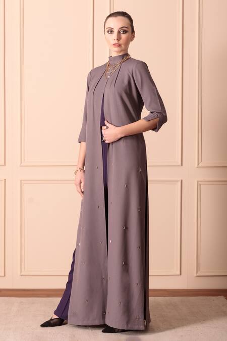 Orcr_Grey Modal Beads High Neck Glass Embroidered Jacket Pant Set _at_Aza_Fashions