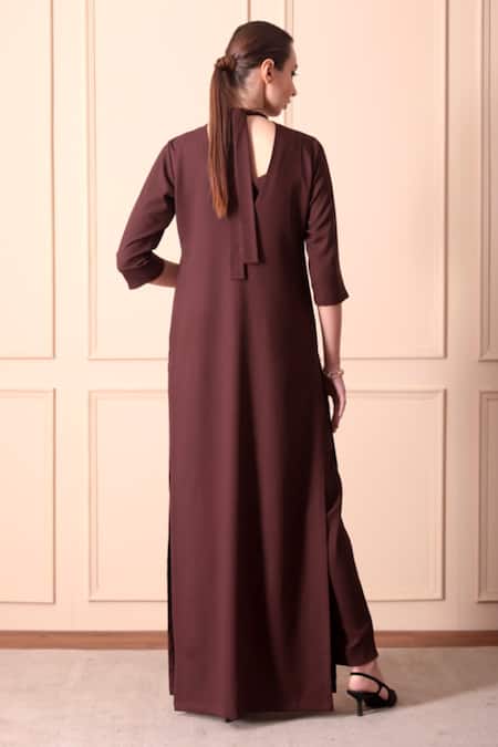 Shop_Orcr_Brown Modal Beads High Neck Glass Work Jacket Pant Set _at_Aza_Fashions