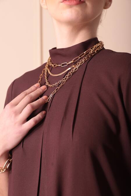 Buy_Orcr_Brown Modal Beads High Neck Glass Work Jacket Pant Set _Online_at_Aza_Fashions