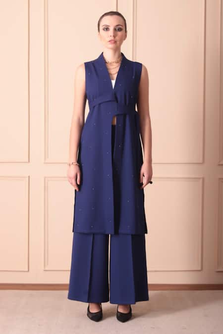 Orcr_Blue Modal Beads Open Neck Hand Embroidered Jacket And Pant Set _Online_at_Aza_Fashions