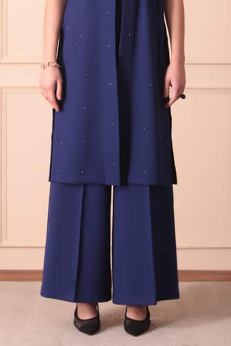 Buy_Orcr_Blue Modal Beads Open Neck Hand Embroidered Jacket And Pant Set _Online_at_Aza_Fashions