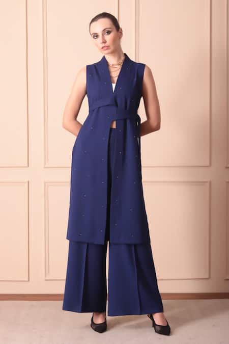 Shop_Orcr_Blue Modal Beads Open Neck Hand Embroidered Jacket And Pant Set _Online_at_Aza_Fashions