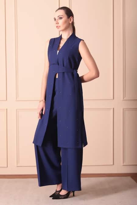 Orcr_Blue Modal Beads Open Neck Hand Embroidered Jacket And Pant Set _at_Aza_Fashions