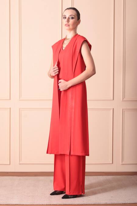 Orcr_Orange Microfiber, Modal Beads, Crystals Hand Embroidered Jacket Trouser Set _Online_at_Aza_Fashions