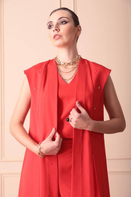 Buy_Orcr_Orange Microfiber, Modal Beads, Crystals Hand Embroidered Jacket Trouser Set _Online_at_Aza_Fashions