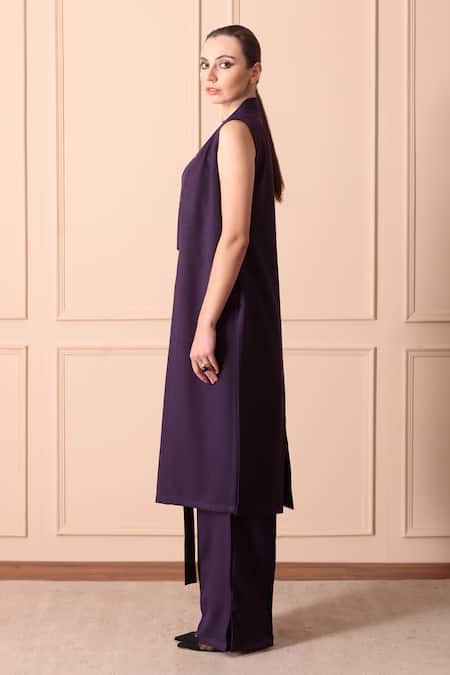 Orcr_Blue Modal Beads Open Neck Crystal Embroidered Jacket Trouser Set _Online_at_Aza_Fashions