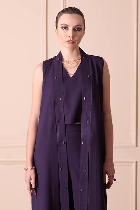 Shop_Orcr_Blue Modal Beads Open Neck Crystal Embroidered Jacket Trouser Set _Online_at_Aza_Fashions