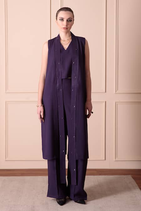 Orcr_Blue Modal Beads Open Neck Crystal Embroidered Jacket Trouser Set _at_Aza_Fashions