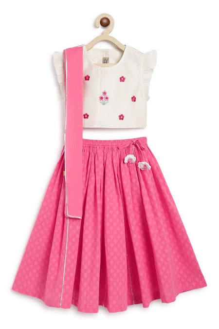 Shop Tiber Taber Pink Chanderi Cotton, Silk Fabric Flowers Floral Embroidered Lehenga Set at Aza Fashions Shop_Tiber Taber_Pink Chanderi Cotton, Silk Fabric Flowers Floral Embroidered Lehenga Set _at_Aza_Fashions
