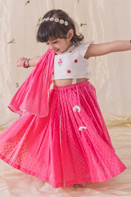 Buy Tiber Taber Pink Chanderi Cotton, Silk Fabric Flowers Floral Embroidered Lehenga Set Buy_Tiber Taber_Pink Chanderi Cotton, Silk Fabric Flowers Floral Embroidered Lehenga Set