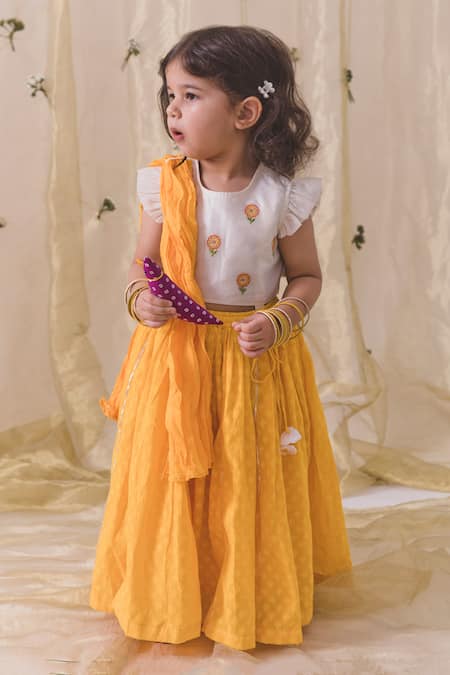 Tiber Taber Yellow Chanderi Cotton Silk Embroidered Floral Flower Lehenga Set 