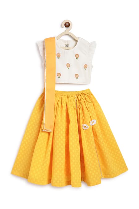 Shop Tiber Taber Yellow Chanderi Cotton, Silk Tassels, Embroidery Flower Lehenga Set at Aza Fashions Shop_Tiber Taber_Yellow Chanderi Cotton, Silk Tassels, Embroidery Flower Lehenga Set _at_Aza_Fashions