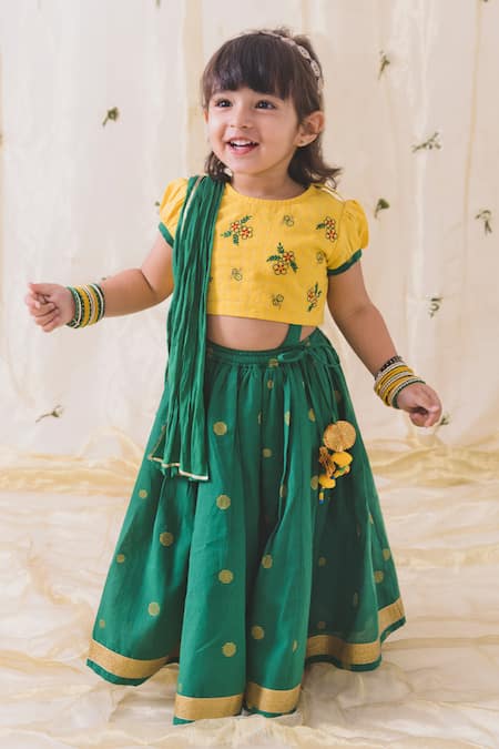 Tiber Taber Green 100% Cotton Embroidered Floral Check Lehenga Set 