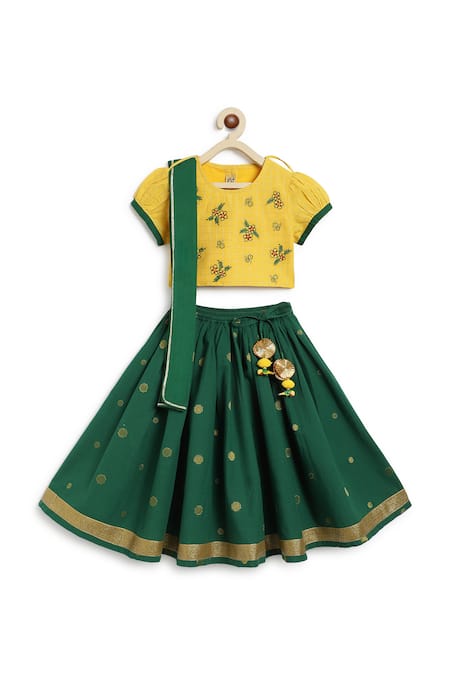 Shop Tiber Taber Green Cotton Tassels, Embroidery Floral Check Lehenga Set at Aza Fashions Shop_Tiber Taber_Green Cotton Tassels, Embroidery Floral Check Lehenga Set _at_Aza_Fashions