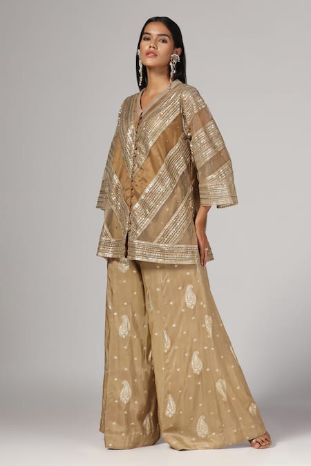 Rina Dhaka Gold Net Embroidered Sequin V-neck Geometric Jacket With Pant 