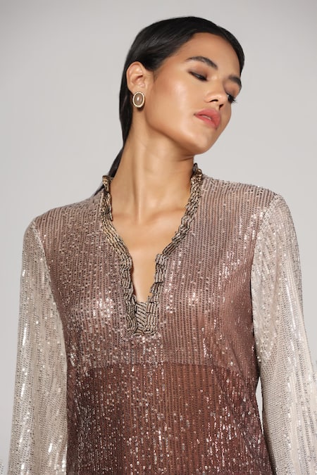 Rina Dhaka_Multi Color Georgette Sequins V-neck Shaded Embroidered Top With Pant_Online_at_Aza_Fashions