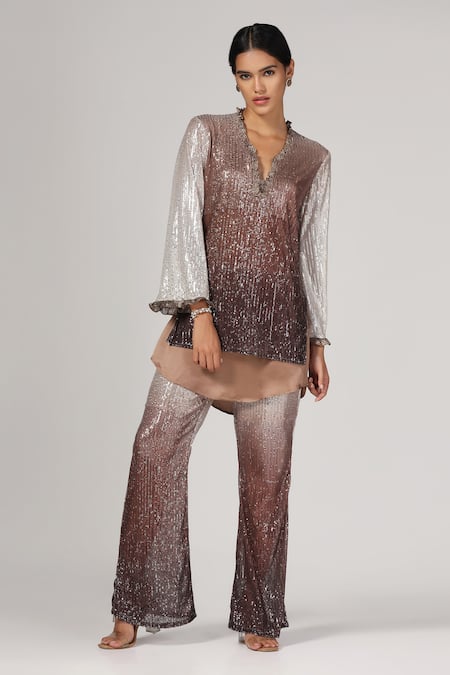 Rina Dhaka Shaded Sequin Embroidered Top With Pant 