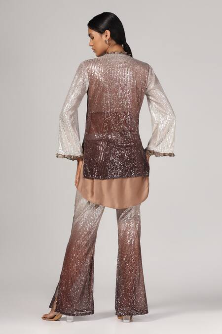 Shop_Rina Dhaka_Multi Color Georgette Sequins V-neck Shaded Embroidered Top With Pant_at_Aza_Fashions