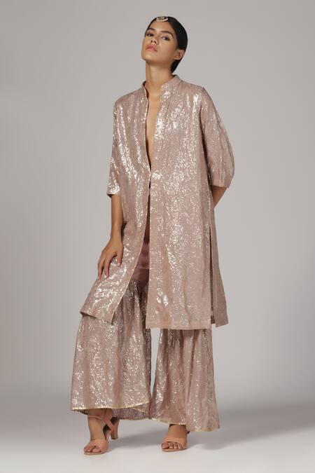 Buy_Rina Dhaka_Pink Georgette Sequins Open Neck Embroidered Kurta With Sharara _Online_at_Aza_Fashions