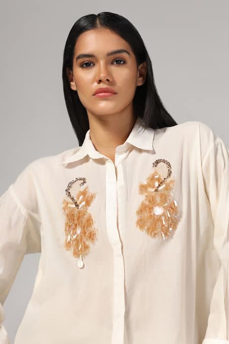 Rina Dhaka White Cotton Embroidered Sequin Collar Floral Shirt Online at Aza Fashions Rina Dhaka_White Cotton Embroidered Sequin Collar Floral Shirt _Online_at_Aza_Fashions
