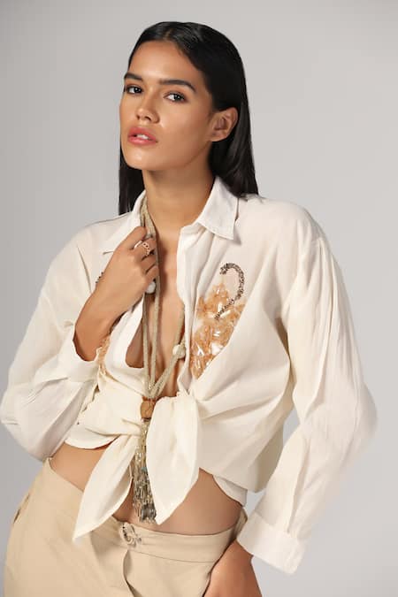 Buy Rina Dhaka White Cotton Embroidered Sequin Collar Floral Shirt Online at Aza Fashions Buy_Rina Dhaka_White Cotton Embroidered Sequin Collar Floral Shirt _Online_at_Aza_Fashions