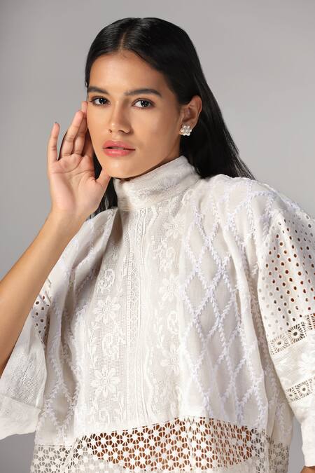 Buy White Organza Lace High Neck Cutwork Embroidered Blouse