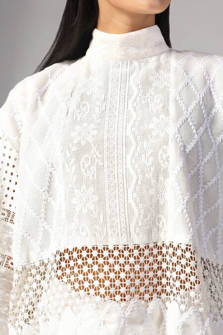 Buy Rina Dhaka White Organza Lace High Neck Cutwork Embroidered Blouse Online at Aza Fashions Buy_Rina Dhaka_White Organza Lace High Neck Cutwork Embroidered Blouse _Online_at_Aza_Fashions