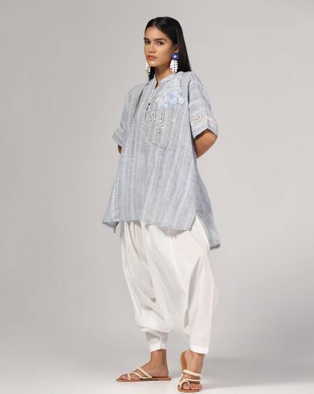 Rina Dhaka_Blue Linen Beads Mandarin Collar Check Woven Tunic With Salwar _Online_at_Aza_Fashions