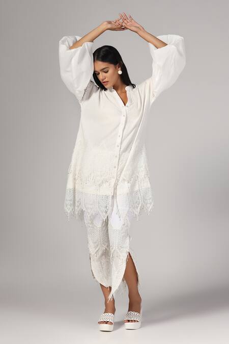Rina Dhaka_White Cotton Beads, Lace V-neck Geometric Work Jacket With Pant _Online_at_Aza_Fashions