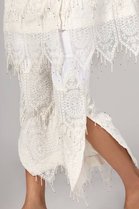 Buy_Rina Dhaka_White Cotton Beads, Lace V-neck Geometric Work Jacket With Pant _Online_at_Aza_Fashions