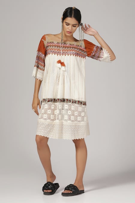 Rina Dhaka White Cotton Knitted Round Geometric Pattern Lace Dress 