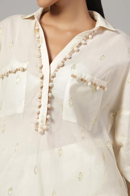 Rina Dhaka_Cream Cotton Sequins, Embroidery Collared Woven Patterned Top With Pant _Online_at_Aza_Fashions