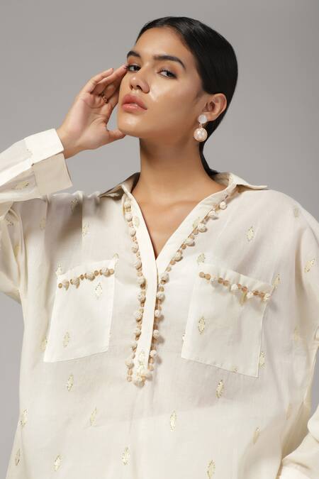 Buy_Rina Dhaka_Cream Cotton Sequins, Embroidery Collared Woven Patterned Top With Pant _Online_at_Aza_Fashions
