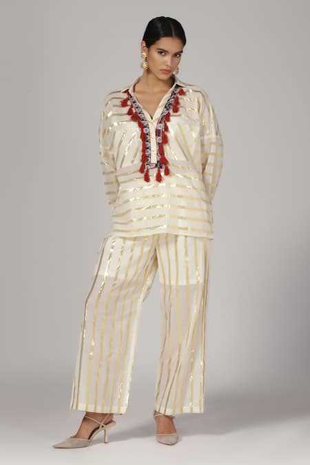 Rina Dhaka Cream Cotton Woven Collar Stripe Tunic With Pant 