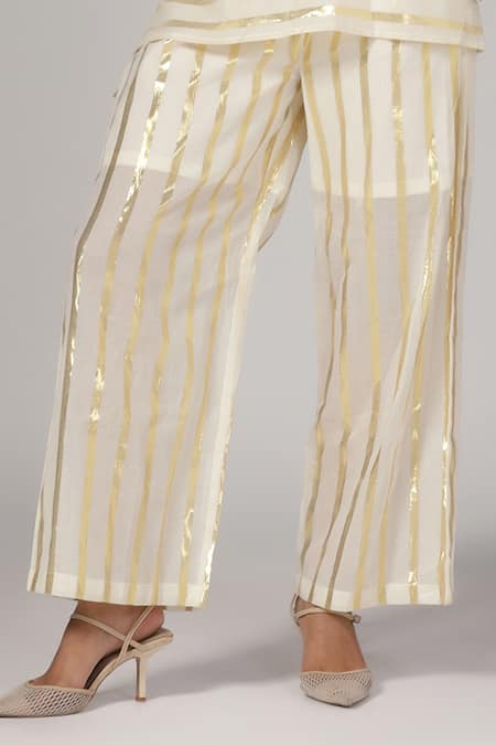 Rina Dhaka_Cream Cotton Collared Stripe Woven Tunic With Pant _Online_at_Aza_Fashions