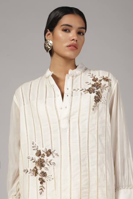Rina Dhaka_Cream Cotton Beads Mandarin Collar Floral Embroidered Tunic With Pant _Online_at_Aza_Fashions