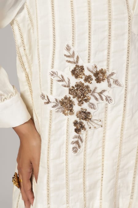 Buy_Rina Dhaka_Cream Cotton Beads Mandarin Collar Floral Embroidered Tunic With Pant _Online_at_Aza_Fashions