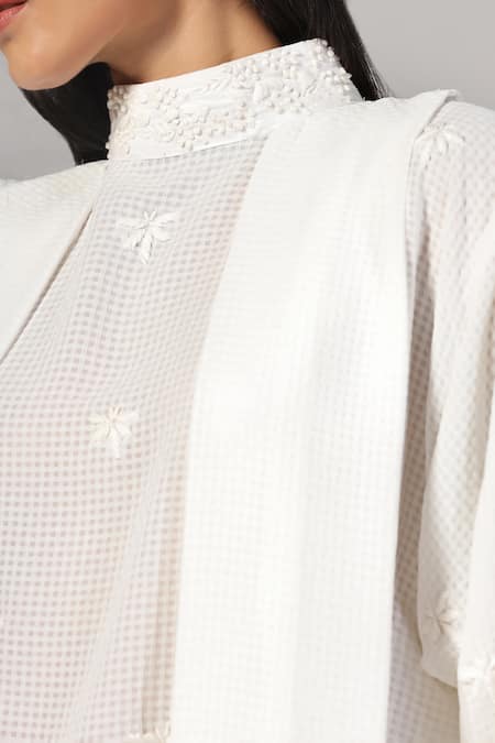 Buy Rina Dhaka White Blended Embroidered Thread High Neck Floral Boxy Top Online at Aza Fashions Buy_Rina Dhaka_White Blended Embroidered Thread High Neck Floral Boxy Top _Online_at_Aza_Fashions