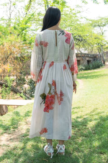 Raiman_Off White Cotton Hand Paint Thread Round Bogainvillea Mallow Embroidered Dress _at_Aza_Fashions