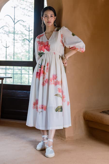 Raiman Off White Cotton Hand Embroidery Thread V-neck Bogainvillea Print Midi Dress 