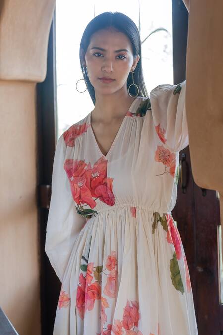 Raiman_Off White Cotton Hand Embroidery Thread V-neck Bogainvillea Print Midi Dress _at_Aza_Fashions